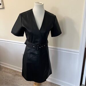 (TQF) Black Faux Leather Wrap Dress